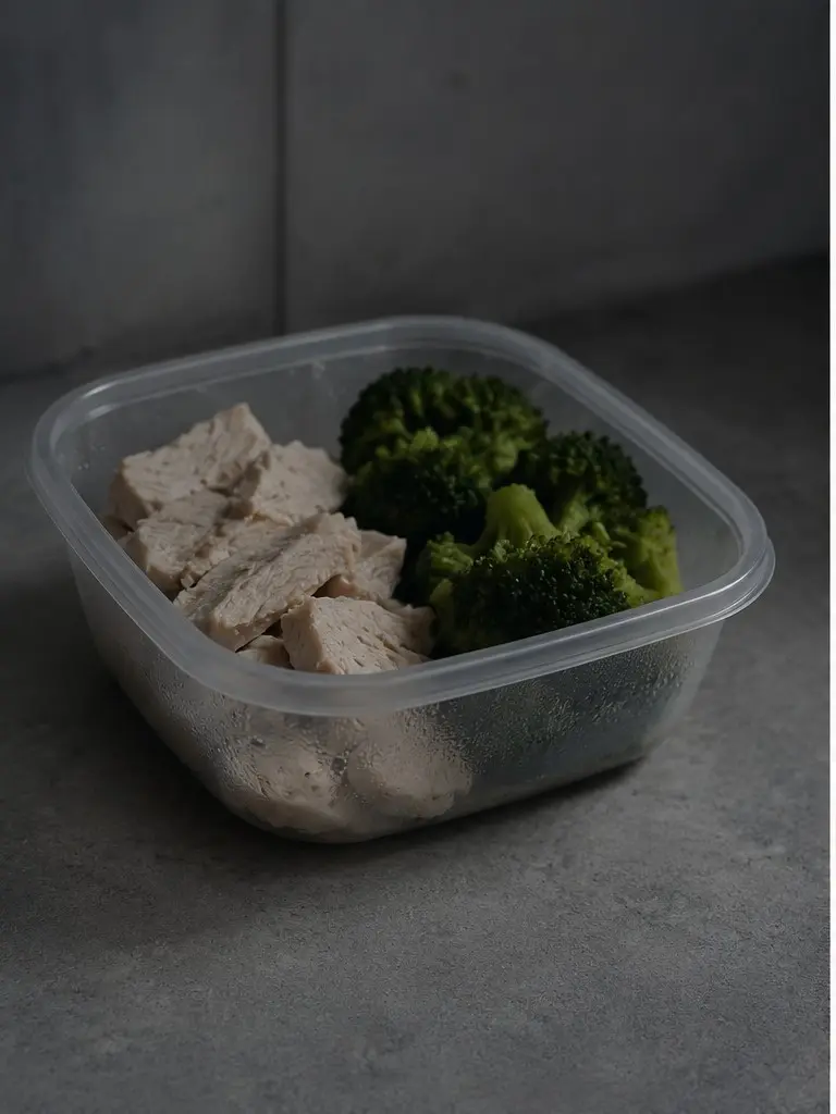 Refeição triste de dieta: peito de frango cozido e brócolos numa tupperware